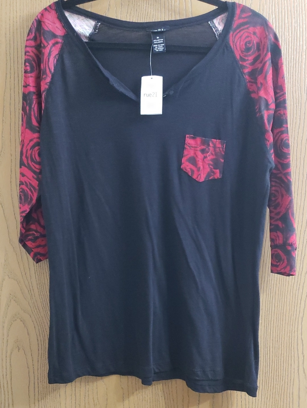 Rue21 Black Top with Red Rose Sleeve Detail